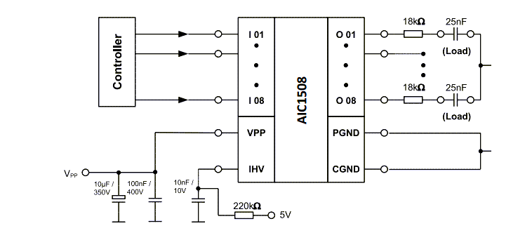 Application Circuit Diagram - Apex Microtechnology AIC1508 8-Bit HV Parallel Driver IC